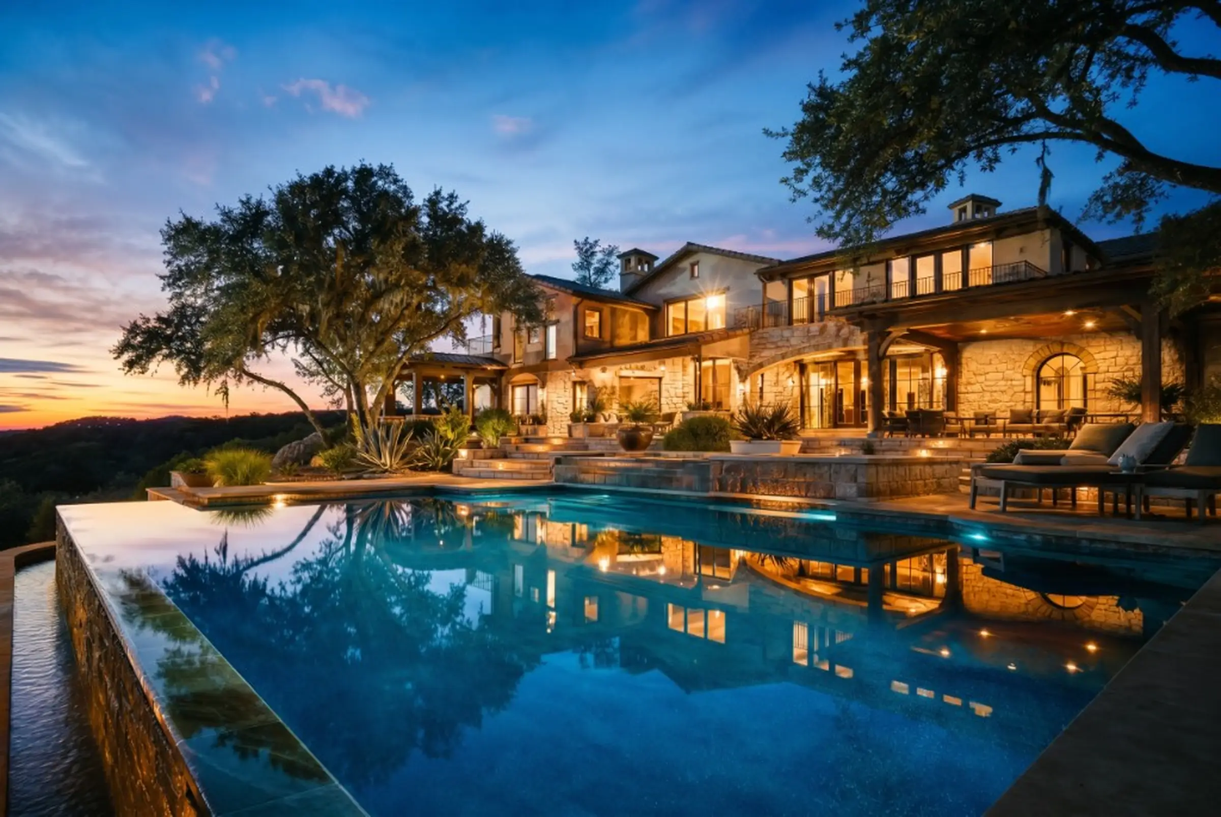 A pristine backyard pool at golden hour, ready for an event