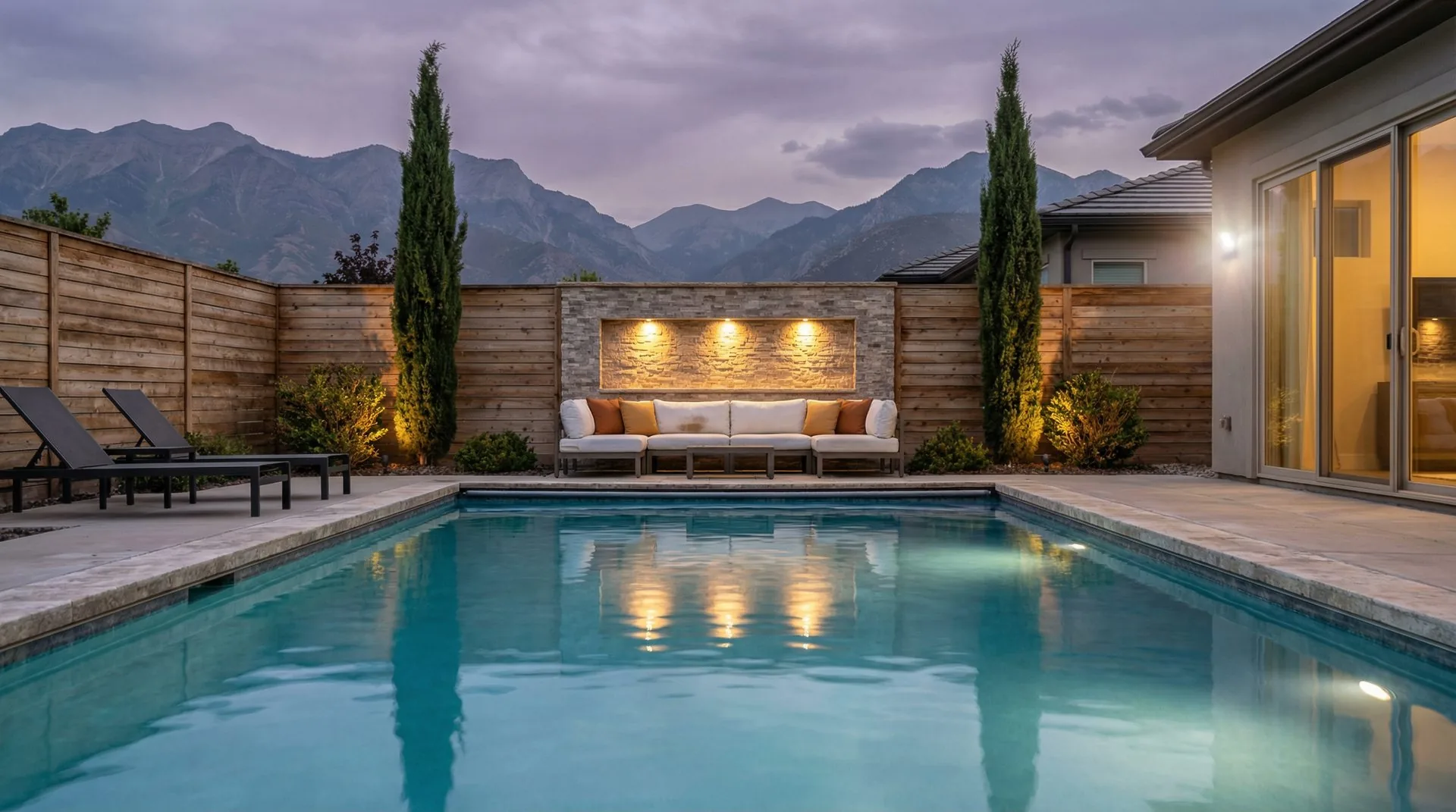 A well-maintained backyard pool at dusk with mountain backdrop