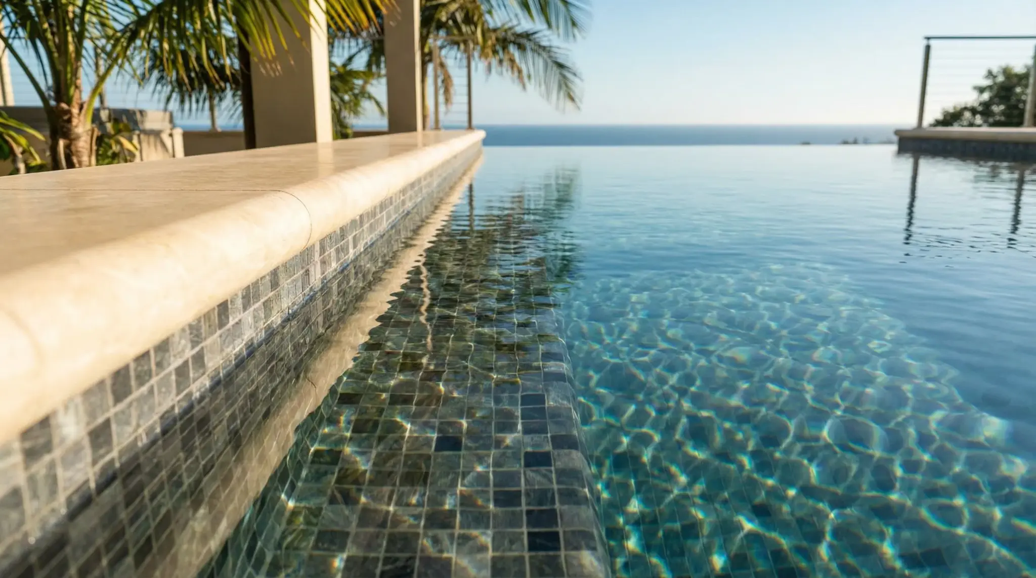 Crystal-clear infinity pool water with mosaic tile detail